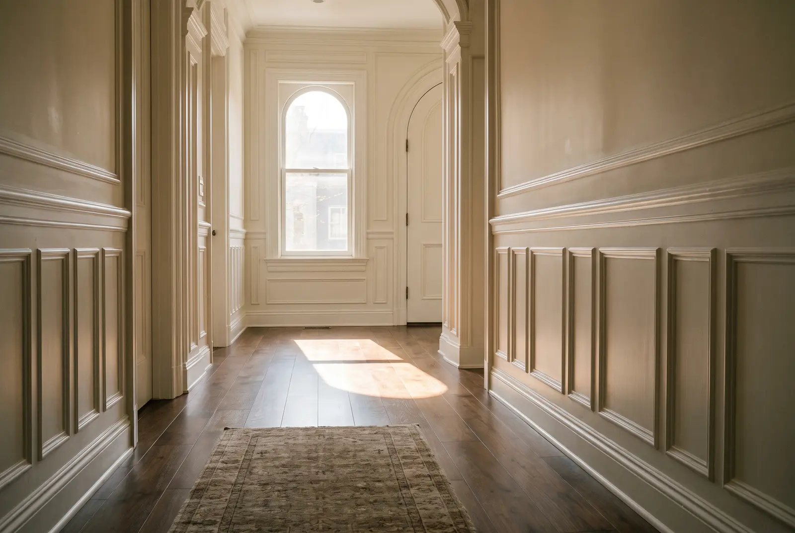 A hallway with painted millwork and a walnut floor in afternoon light